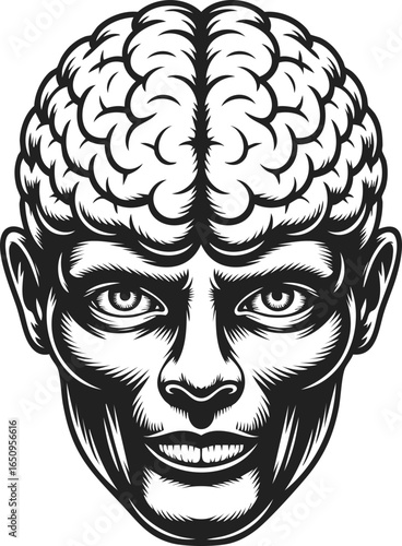 Brain, detailed anatomical illustration, human head, cerebral features, intellectual depiction, engraved design, vintage artwork, medical illustration