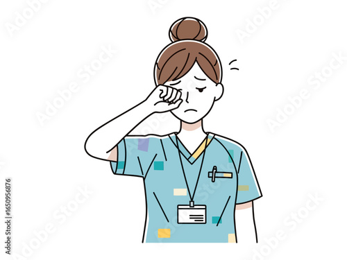 Tired Nurse: A weary nurse, her face etched with fatigue, gently rubs her eye, revealing the emotional and physical demands of her profession.