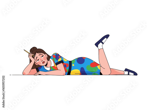 Daydreaming Artist: A woman lies on her stomach, pencil in hand, lost in thought, in a colorful dress, dreaming or planning her next artwork, against a simple backdrop. 