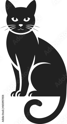 Cat silhouette, black feline sitting gracefully, playful posture, curious expression, perfect for t-shirt design, tattoo art, or logo emblem