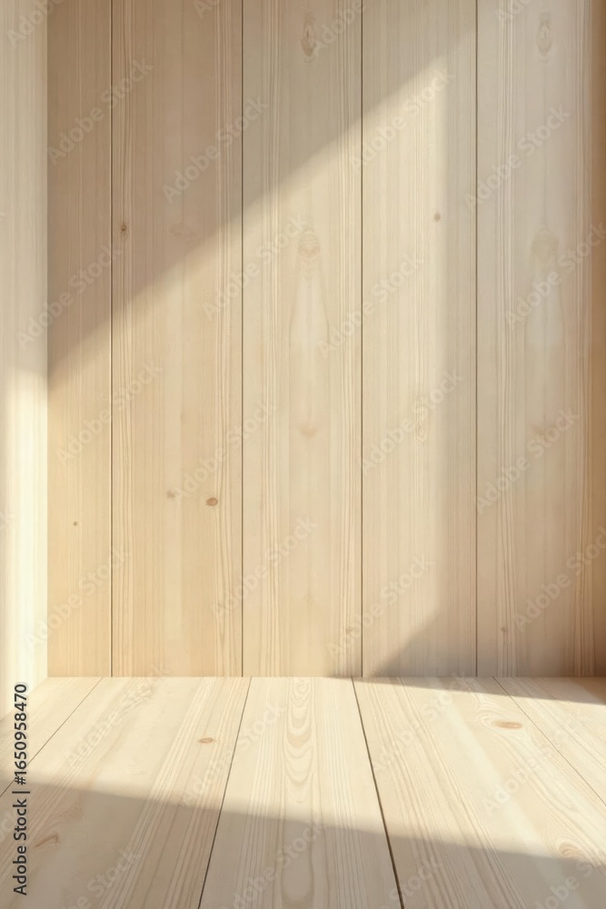 Sunlit Wooden Room Interior Clean, Minimalist Background with Natural Light and Warm Wood Texture Sunlit Wooden Room Interior Clean, Minimalist Background with Natural Light and Warm Wood Texture