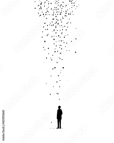 Vector art of silhouette of a man standing alone as leaves blow away in the wind, creating an abstract and artistic design  symbolizing loneliness, solitude and contemplation