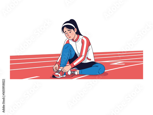 Runner prepares for the race: A dedicated athlete laces up her shoes, a moment of focused preparation on a stadium running track, embodying the grit and determination of sports.