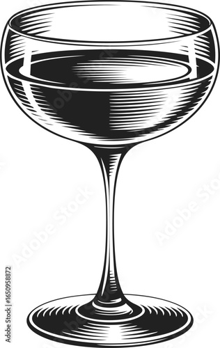 Cocktail glass, vintage engraved illustration of a coup, elegant drinkware for classic celebrations, bar or event decoration