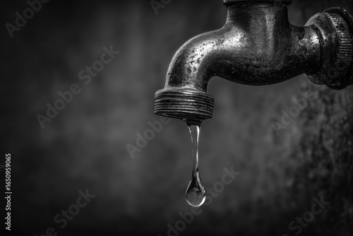 Aged faucet drips single water drop