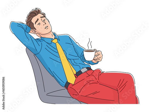 Restful Pause: A relaxed individual sits in a chair, sipping coffee, exuding tranquility and contemplation. An illustration of a moment of calm and respite.