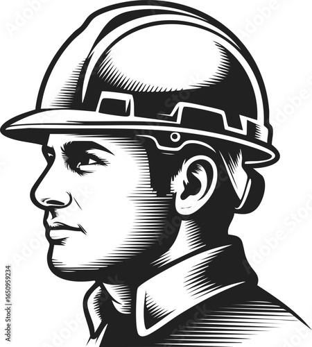 Construction helmet vector illustration of a worker, safety headgear, construction hard hat, occupational protective equipment, engineering apparel, vintage engraved style