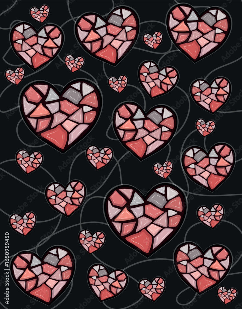 Fototapeta premium Mosaic Red Hearts on Black Background