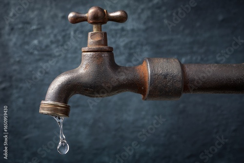 Close-up of a rusty, antique faucet with a single drop of water dripping