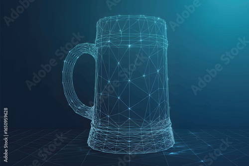 A wireframe 3D model of a beer stein rendered in low-poly style on a blue background