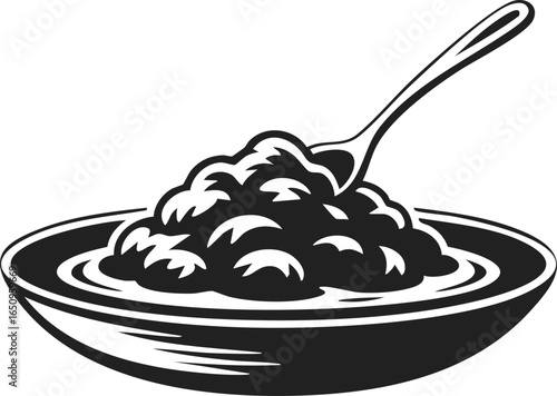 Curry plate, bowl of rice, spoonful of curry, traditional dish, culinary art, engraved vintage style representation of a meal, gastronomic delight