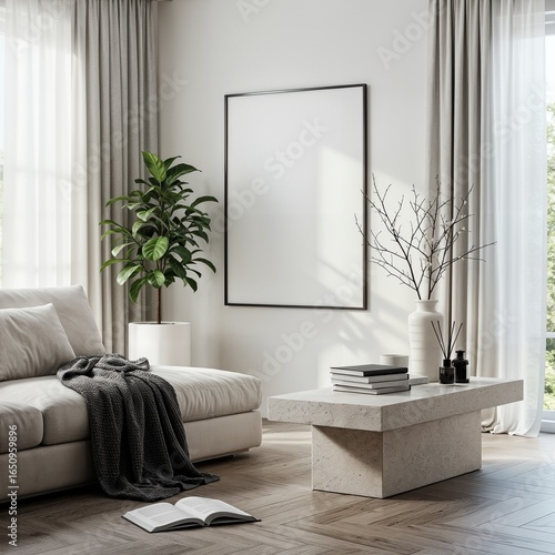 Vertical blank frame mockup. empty canvas poster size. Living room wall canvas mockups. Interior mock-up with home interior background. Modern minimal wall art design. 3D render
