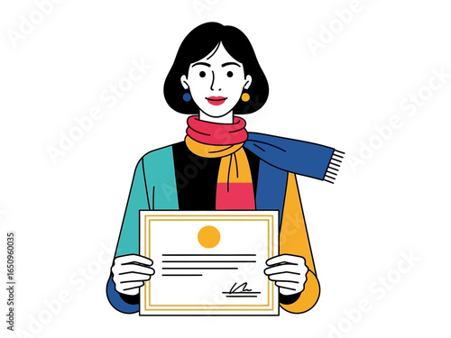 Woman with Diploma: A vibrant illustration showcases a confident woman proudly presenting a diploma, embodying academic achievement and the pursuit of knowledge. 
