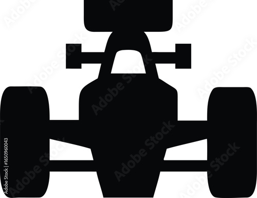 Front view Formula 1 car vector icon in black, minimalist design for motorsport, racing, automotive, and speed concepts