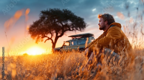 Wallpaper Mural A contemplative scene of a man sitting at sunset in an open field, embodying the essence of tranquility, connection with nature, and the beauty of reflective moments in life. Torontodigital.ca