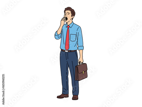 Exhaustion in the Workplace: A businessman, overwhelmed and tired, yawns in his daily environment, highlighting the weight of pressure and the monotony of routines. 