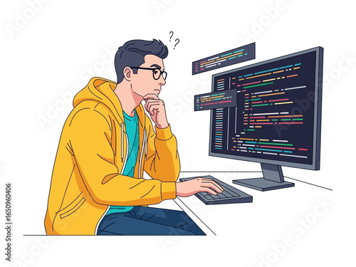 Code of Thoughts: A young coder immersed in a complex digital landscape, his brow furrowed in contemplation as he navigates the intricacies of software development.  
