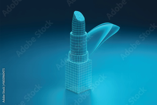 A wireframe 3D model of a lipstick rendered in cyan wireframe on a deep blue background