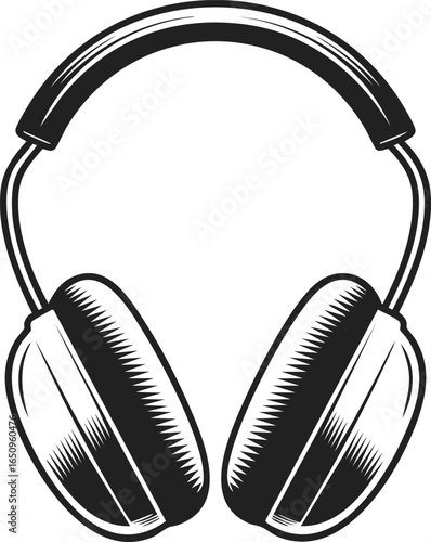 Earmuff, hearing protection device, soundproof headphones for audiophiles and industrial use, engraved vintage style illustration