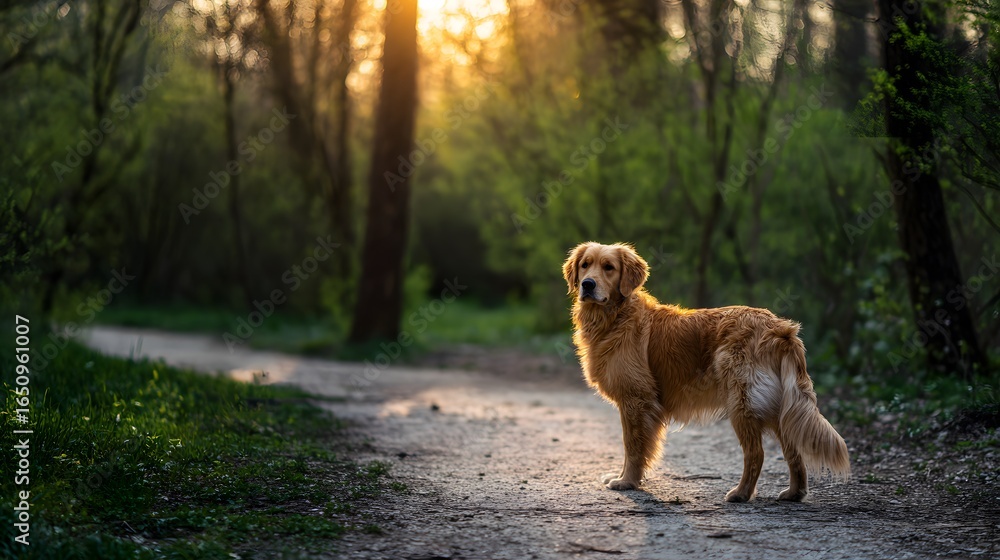 Naklejka premium Golden retriever standing on a sunny park path with a warm glow and blurred green background.
