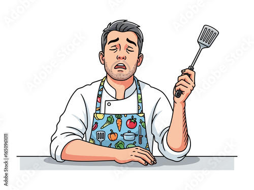 Exhausted Chef's Culinary Conundrum: A chef, grappling with culinary pressures, exudes a sense of overwhelmed exhaustion. The chef, holding a spatula.