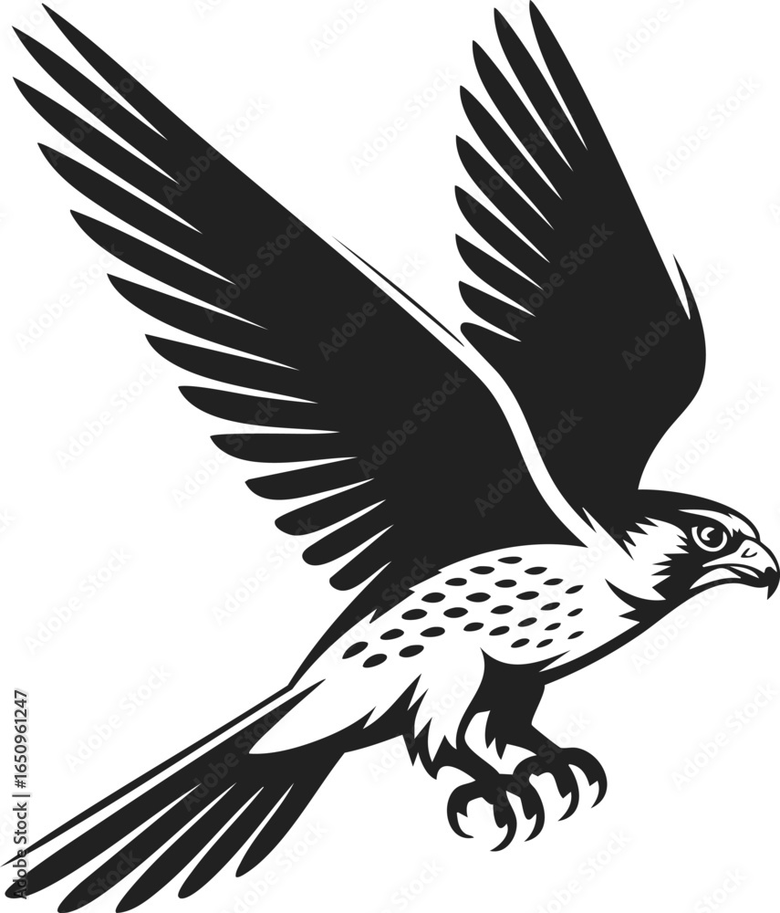 Obraz premium Falcon silhouette, bird of prey, soaring raptor, majestic falcon, wildlife engraving, flight illustration, nature vector design, wildlife art, predatory bird, vintage wildlife print