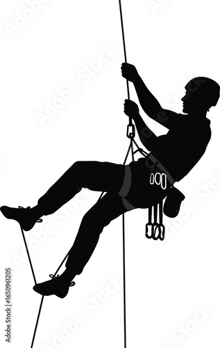 Silhouette of a climber rappelling down a rope wearing helmet and harness with climbing gear, isolated on white background