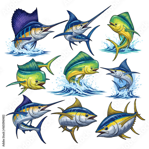 Collection of nine colorful marine game fish leaping from blue ocean waves marlin sailfish