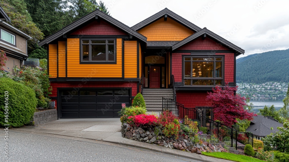 Obraz premium Contemporary Hillside Home with Red and Orange Exterior