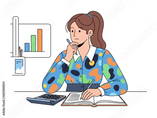 Analyst at Work: A concentrated female analyst ponders over her work, pen in hand, at her desk, accompanied by charts and a calculator, signifying contemplation and evaluation.