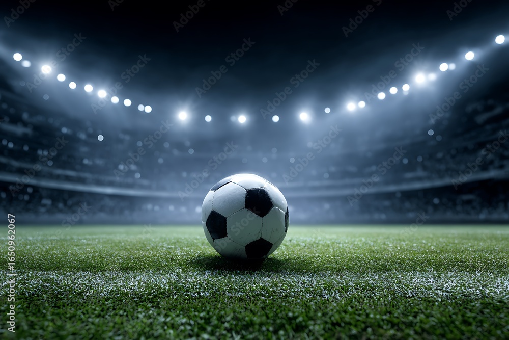 Naklejka premium Iconic soccer ball on grass in illuminated stadium center 