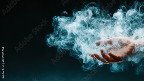 A hand reaches into a swirling cloud of smoke, creating a sense of mystery and intrigue that invites the viewer to ponder the unknown and the depth of human experience.
