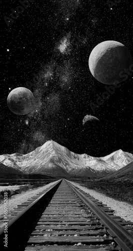 Cosmic train tracks through snowy mountains