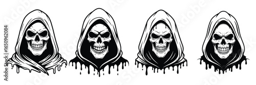 Grim reaper skull flat vector illustration set. Hooded skeleton faces with dripping effect in black and white. Scary gothic mascot, tattoo design, or Halloween dark art elements collection.
