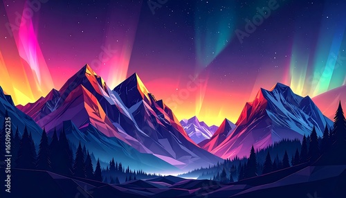 Vibrant Aurora Borealis Over Majestic Mountains.
