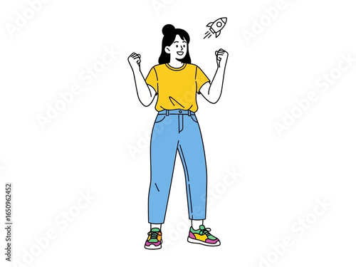 Enthusiastic Aspiring Concept: a cheerful woman celebrates the launch of an idea represented by a rocket, symbolizing aspiration, dreams, and achievement.