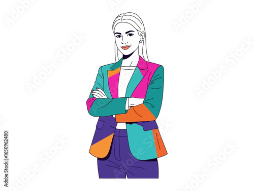 Fashion Icon: A stylish woman exudes confidence, adorned in a vibrant, multi-colored blazer that accentuates her poise and modern aesthetic.