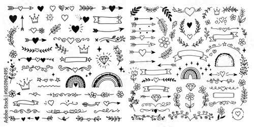 Line brush heart vector set. Hand drawn sketch doodle style arrow, cloud, star with marker stroke pencil highlight. Cute handwritten crown, heart, star line brush art design. Vector illustration