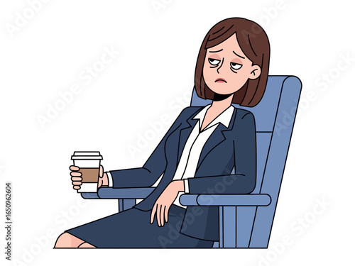 Weary Workday: An illustrated depiction of a woman in a business suit, conveying fatigue and stress while clutching a coffee, her demeanor a portrait of workday exhaustion.