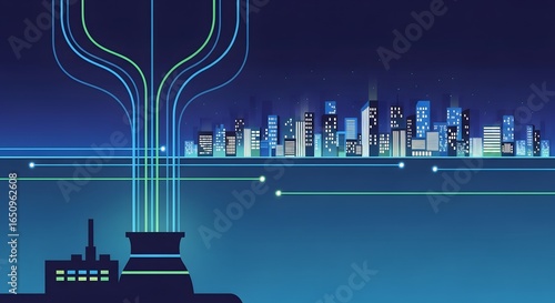 Fototapeta Naklejka Na Ścianę i Meble -  Night scene of a waste-to-energy plant connected by illuminated power lines to a futuristic city grid.