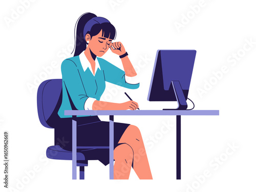 Exhaustion in the Workplace: A professional woman, etched with weariness, grapples with the demanding realities of her job, captured through minimalist illustrations.