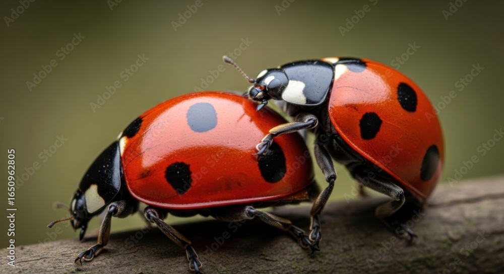 Fototapeta premium Two Bright Red Ladybugs on Brown Wood Close Up