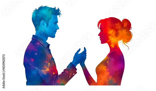 Cosmic couple holding hands, their silhouettes filled with vibrant galaxy and nebula patterns, symbolizing love and connection, isolated on white background
