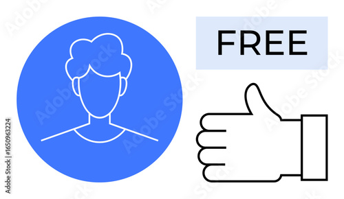 Blue circle profile icon, thumbs-up gesture, and Free text, representing approval, user engagement, free access, positive interactions, promotions and feedback. Ideal for subscription plans user