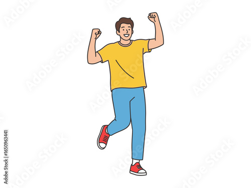 Joyful Victory: A spirited individual is depicted in a vibrant illustration, celebrating a triumph with upraised arms, portraying elation and success in a dynamic pose.