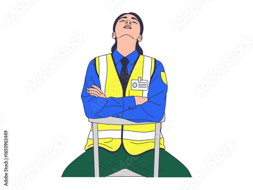 Security guard taking break: A security guard in uniform, takes a moment of rest in a reflective pose