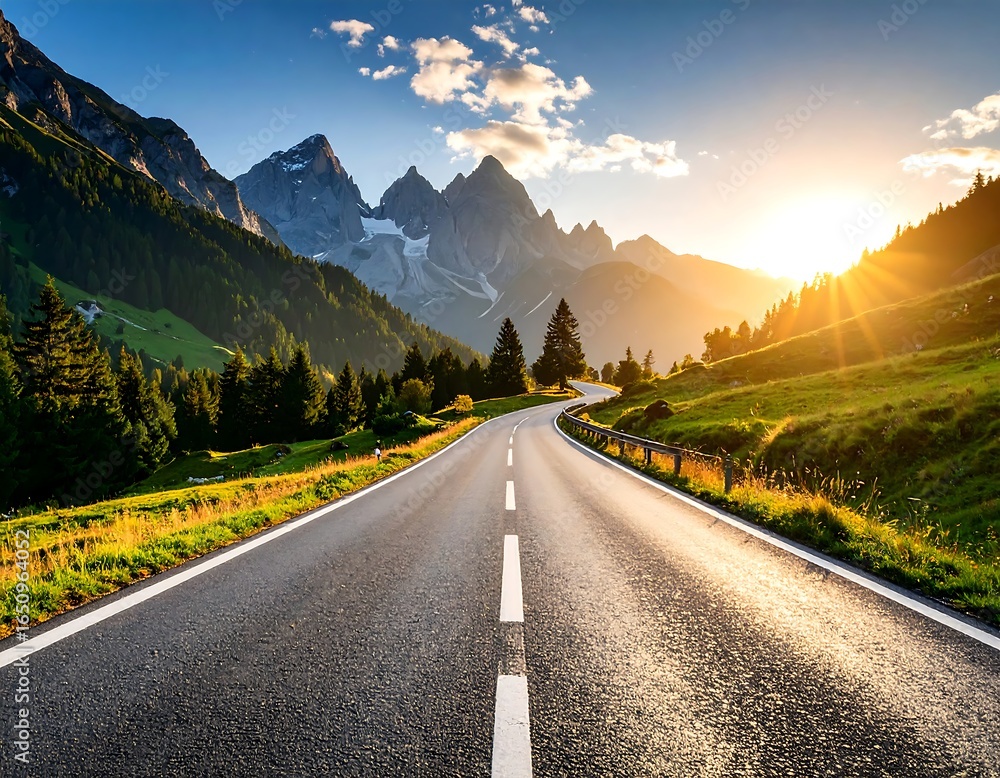 Fototapeta premium Picturesque winding road leading through the mountainous terrain at sunrise