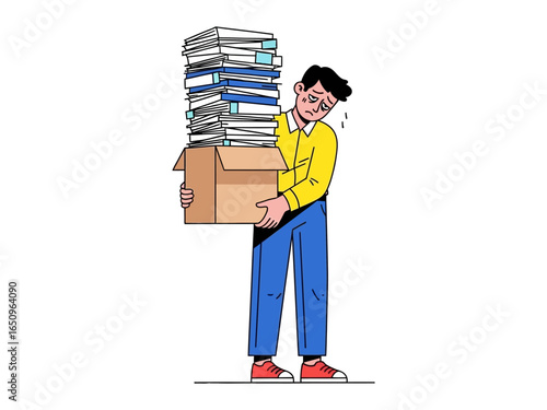 Overwhelmed by Paperwork: A harried figure struggles to carry an oversized stack of files in a cardboard box, symbolizing the weight of overwhelming tasks.