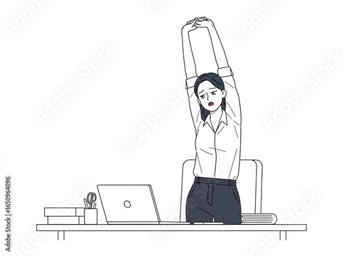 Workplace Wellness: A business professional woman stretches at her desk, promoting workplace wellness and breaks.