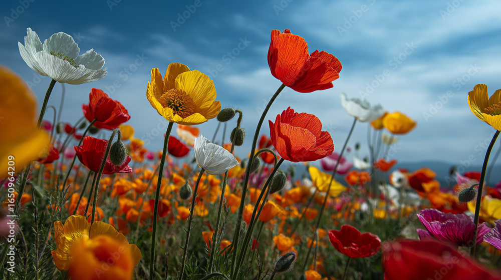 Obraz premium Vivid field of colorful poppies against a partly cloudy sky. Perfect for spring designs, nature backgrounds, floral prints, and gardening themes.